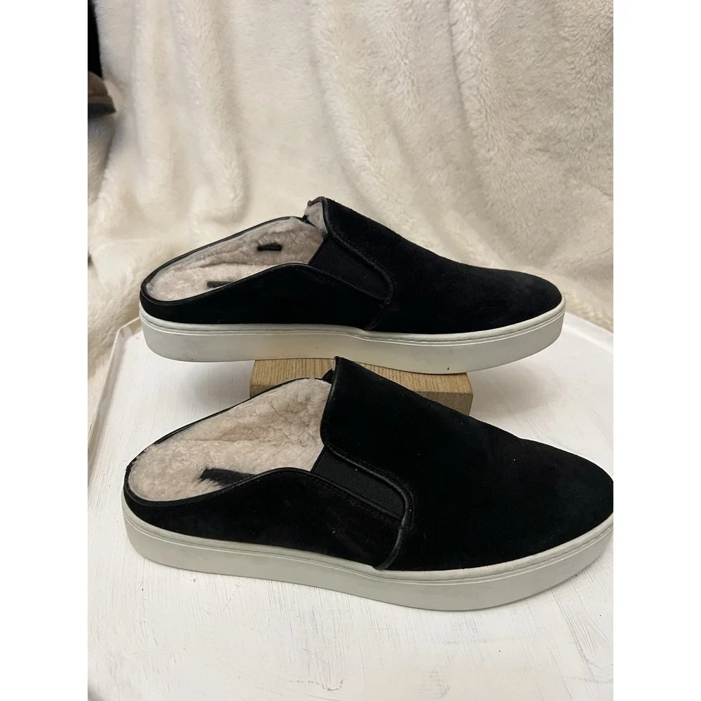 Vince Garvey Suede Shearling Lined Mules Shoes Size 6.5 Women's Black Slip On